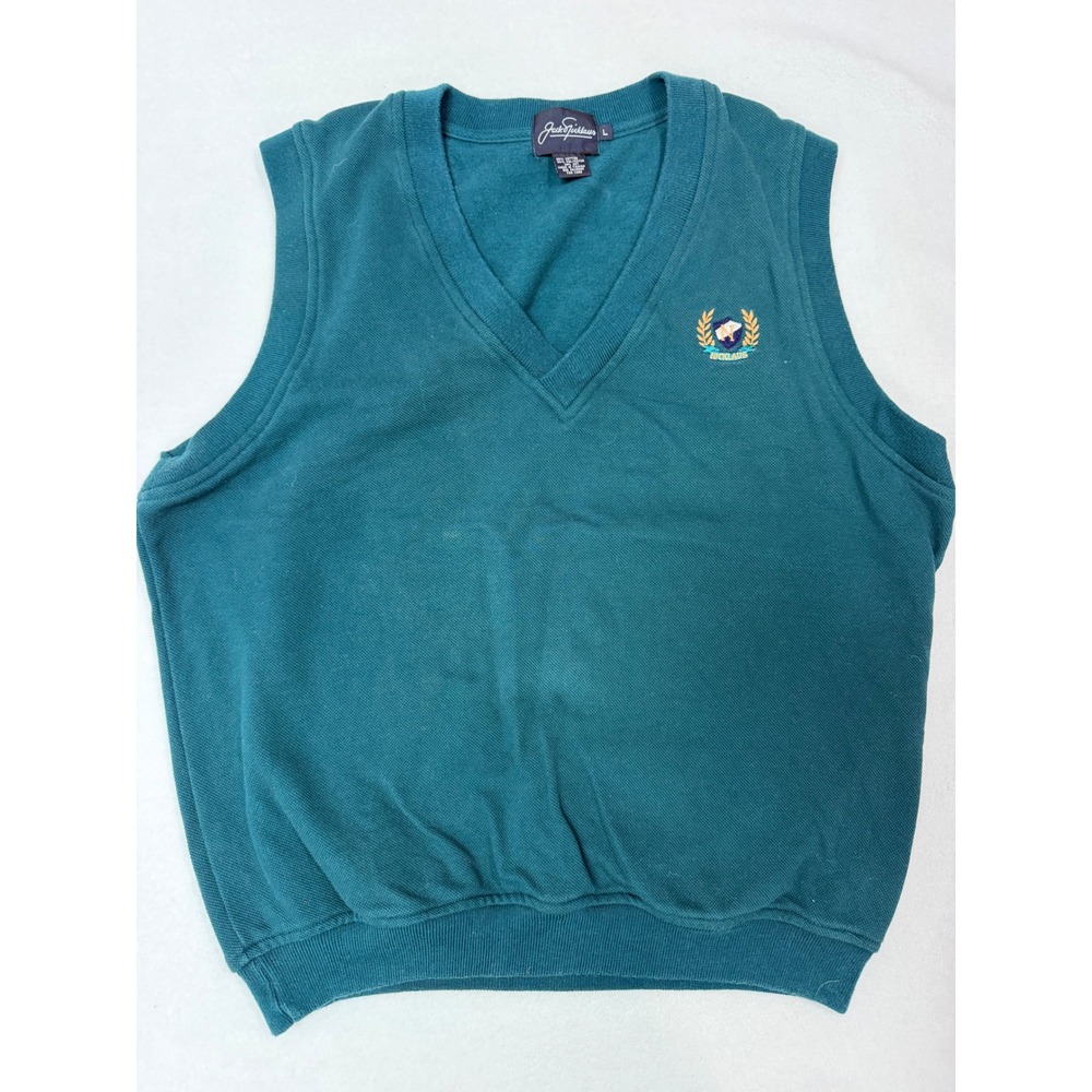 Jack Nicklaus Mens Teal Green V-Neck Golf Sweater Vest Golden Bear Crest Large